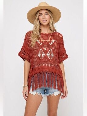 Atmosphere Boho Chic Terracotta Crochet Fringe Poncho Top - Small Festival Sheer